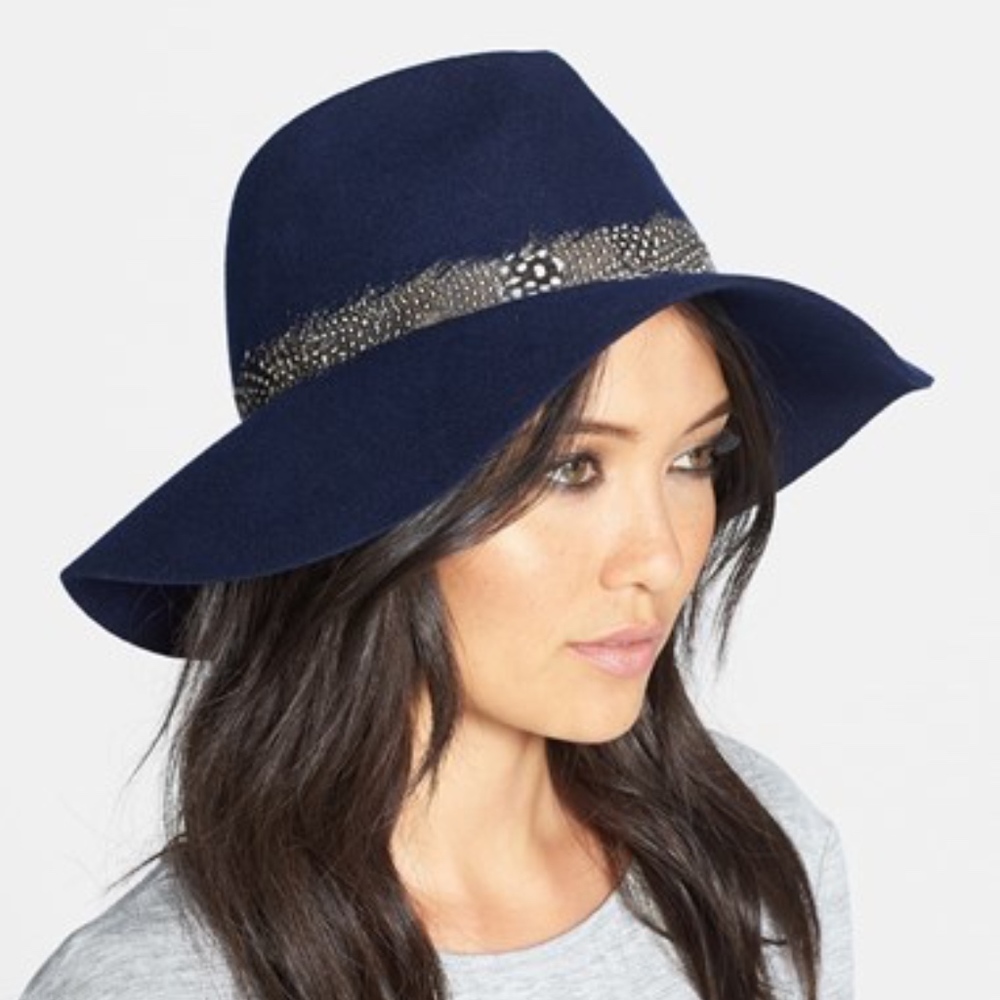 August Hat Feather Trim Floppy Felt Fedora - Navy